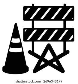 Construction site safety warning barrier and traffic cone black silhouette