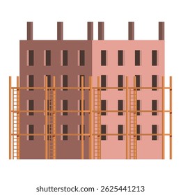 Obra de construcción con andamios que rodea dos edificios en construcción