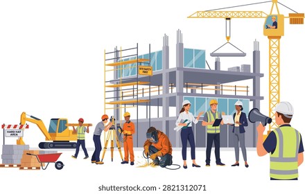 A construction site scene featuring diverse workers, engineers, and heavy machinery like a crane and excavator, working on a building project.