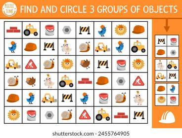 Construction site seek and find game. Attention skills training puzzle with workers, tools, signs, vehicles. Building works printable activity or searching puzzle for kids. Find groups of objects
