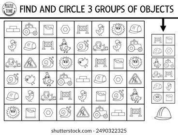 Construction site seek and find game. Black and white puzzle with workers, tools, vehicles. Building works printable activity, searching puzzle, coloring page for kids. Find groups of objects
