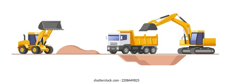 Construction site. Set of building machines. Construction equipment and machinery - excavator, truck, loader. Vector illustrations.