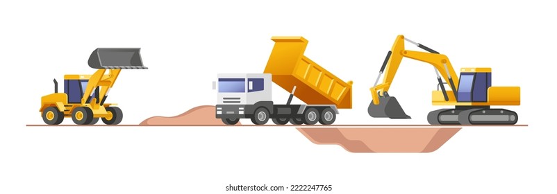 Construction site. Set of building machines. Construction equipment and machinery - excavator, truck, loader. Vector illustrations.