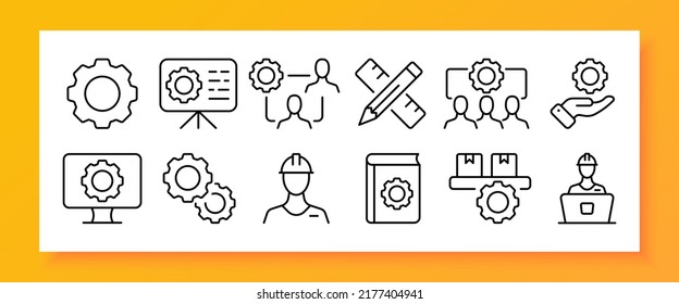 Icono de conjunto de sitio de construcción. Engranaje, construcción, construcción, construcción, dibujo, lápiz, regla, mano, monitor de computadora, casco protector, libro. Concepto tecnológico. Icono de línea de vector para negocios y publicidad.