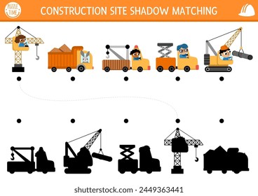 Construction site shadow matching activity with special transport, vehicle. Building works puzzle with lifting crane, truck, evacuator. Find correct silhouette printable worksheet or game for kids
