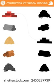 Construction site shadow matching activity with different materials. Building works puzzle with brick, wood, pipes, sand, soil. Find correct silhouette printable worksheet or game for kids
