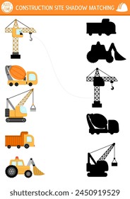 Construction site shadow matching activity with special transport, vehicle. Building works puzzle with lifting crane, truck, concrete mixer. Find correct silhouette printable worksheet or game for kid