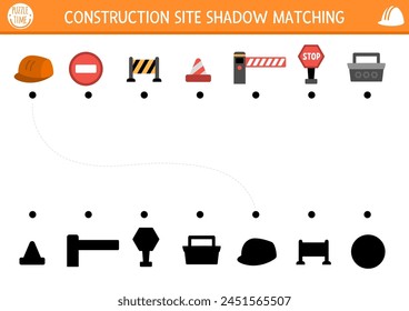 Construction site shadow matching activity with traditional symbols. Building works puzzle with barrier, helmet, road, sign, tool box. Find correct silhouette printable worksheet or game for kids
