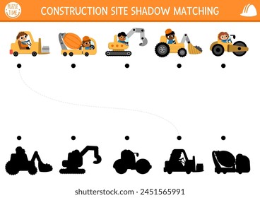 Construction site shadow matching activity with special transport, vehicle. Building works puzzle with concrete mixer, excavator, bulldozer. Find correct silhouette printable worksheet or game for kid