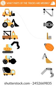 Construction site shadow matching activity with special technics and missing parts. Match silhouette game, printable worksheet. Repair service page or puzzle with truck, bulldozer, excavator
