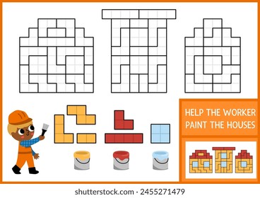 Construction site shape recognition and coloring activity with painter. Building works puzzle. Find correct silhouette printable worksheet or game for kids. Help the worker paint the houses
