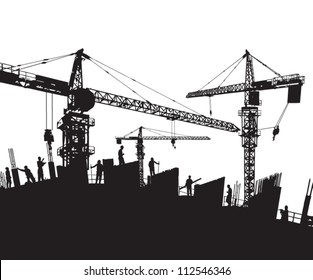 construction site silhouette  with cranes and workers