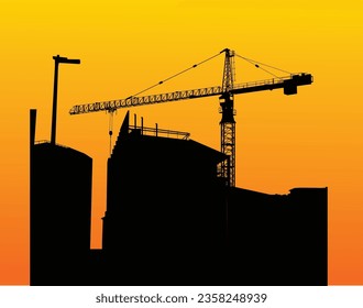 Construction Site Silhouette in the Sunrise with a Crane. Buildings and architecture concept vector.