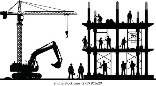 Construction Site Silhouette Vector, Building Under Development with Workers, Excavator, Crane, and Scaffolding for Industrial Architecture and Engineering Project Design