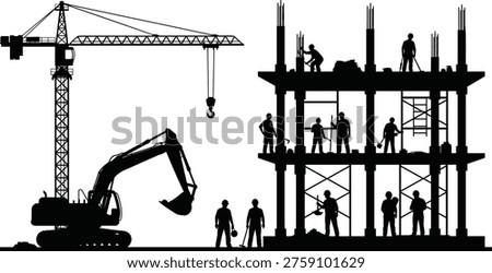 Construction Site Silhouette Vector, Building Under Development with Workers, Excavator, Crane, and Scaffolding for Industrial Architecture and Engineering Project Design