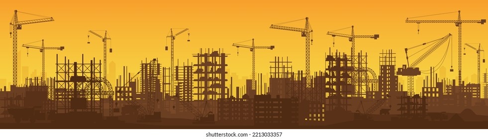 Construction site with silhouettes of equipment, concrete structures and cranes in sunset urban landscape vector illustration. City development and building process background. Reconstruction concept