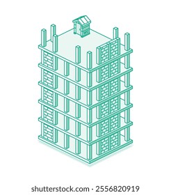 Construction site with skyscraper. Process of building multi-storey building. Industrial technology. Vector illustration. Outline style. Isometric monolithic frame building and tower crane.