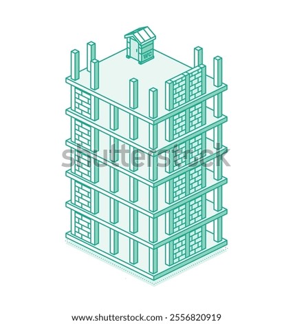 Construction site with skyscraper. Process of building multi-storey building. Industrial technology. Vector illustration. Outline style. Isometric monolithic frame building and tower crane.