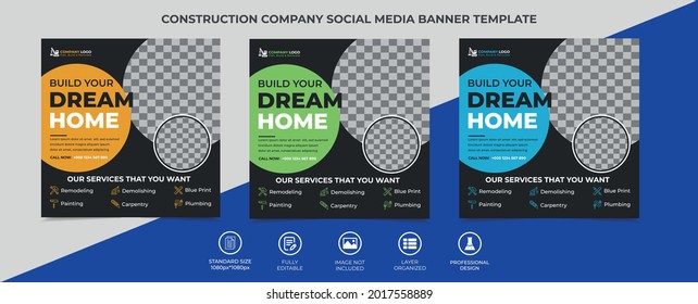construction site social media post template design, an image can be placed in the design. fully editable, well organized, eye catchy template. vector square banner, eps 10.