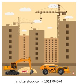 Construction site with special equipment. Crane builds a house. Excavator loads truck with sand. Construction equipment. Flat design. Vector illustration.