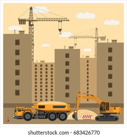 Construction site with special equipment. Crane builds a house. Excavator loads truck with sand. Construction equipment. Flat design. Vector illustration.