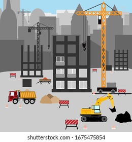 Construction site with special equipment on the background of the city. Truck, crane, excavator, houses under building. Flat vector illustration.