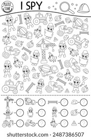 Construction site I spy game for kids. Searching, counting black and white activity with builders, special technics. Building works printable worksheet. Simple repair service puzzle, coloring page
