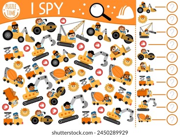 Construction site I spy game for preschool kids. Searching and counting activity with special technics, drivers. Building works printable worksheet for children. Simple repair service spotting puzzle
