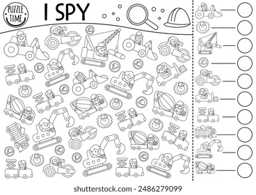 Construction site I spy game for preschool kids. Searching and counting black and white activity with special technics, driver. Building works printable worksheet. Simple repair service coloring page
