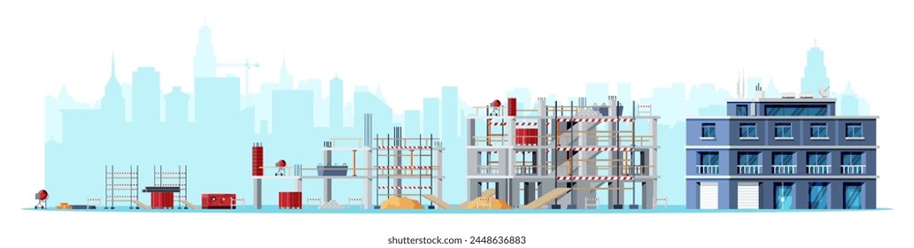 Baustellenetappen isoliert auf weiß. In: Different Stages of Construction Process. Gebäude unter Haus. Bauen Sie Aktivitäten auf verschiedenen Ebenen. Cartoon-Flat-Vektorillustration