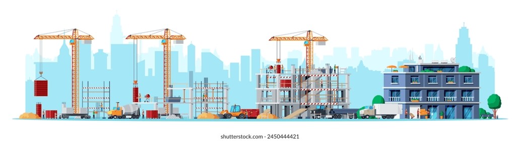 Baustellenetappen isoliert auf weiß. In: Different Stages of Construction Process. Gebäude unter Haus. Bautätigkeit, Arbeitskräne, Arbeiter und Maschinen. Cartoon-Flat-Vektorillustration