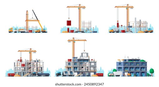 Construction Site Stages Isolated on White. Different Stages of Construction Process. Building Under House. Building Activity, Working Cranes, Workers and Machines. Cartoon Flat Vector Illustration