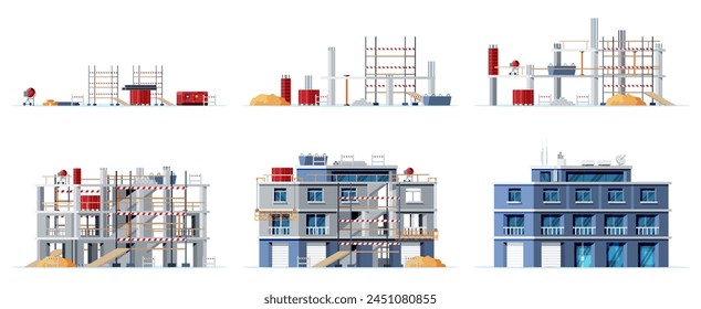 Baustellenetappen isoliert auf weiß. In: Different Stages of Construction Process. Gebäude unter Haus. Bauen Sie Aktivitäten auf verschiedenen Ebenen. Cartoon-Flat-Vektorillustration