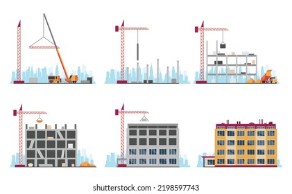 Construction site stages. Multi story house construction. Building process. Build techniques and machines. Housing development