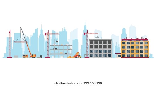 Construction site stages. Multi story house construction. Building process. Build techniques and machines. Housing development