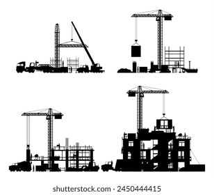 Baustellenbühnen Silhouette isoliert. In: Different Stages of Construction Process. Gebäude unter Haus. Bautätigkeit, Arbeitskräne, Arbeiter und Maschinen. Cartoon-Flat-Vektorillustration