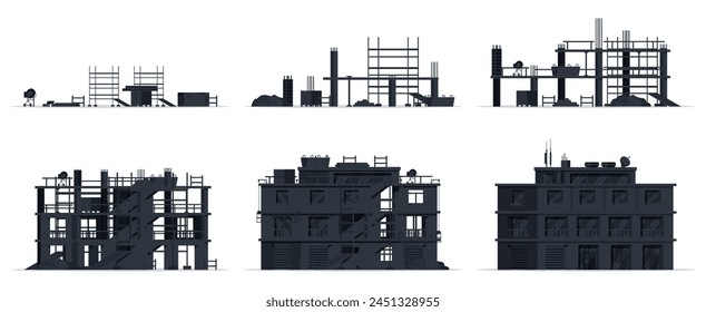 Construction Site Stages Silhouette Isolated on White. Different Stages of Construction Process. Building Under House. Building Activity on Different Levels. Cartoon Flat Vector Illustration