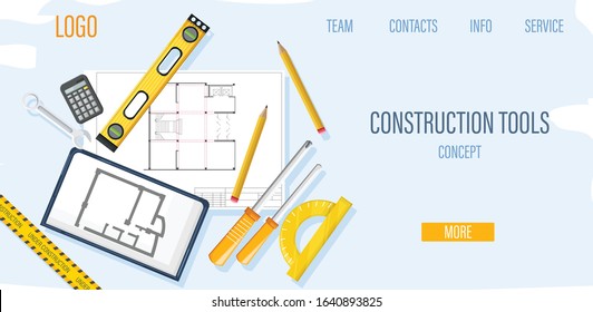 Construction site template with architect tools and blueprint
