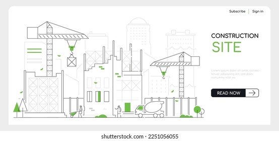 Construction site - thin line design style web banner with copy space for text. Composition with special vehicles, cranes, buildings, workers. Architecture, housing development and real estate