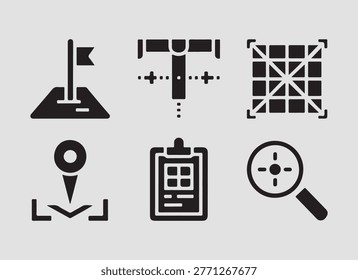 Construction site tools and layout elements solid icons set for planning organizing and managing building construction projects