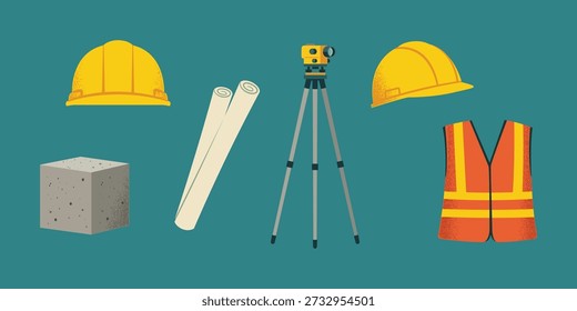 Construction Site Tools and Safety Equipment Vector Set, Engineering Assets