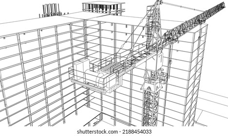 sitio de construcción con grúa de torre y línea de ilustración de estructura de cuadro