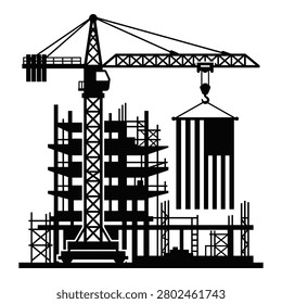 Construction site with tower crane, american flag and building frame black monochrome. industrial development.
