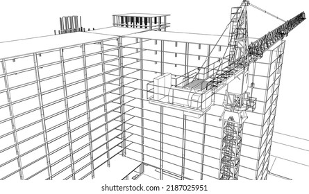 sitio de construcción con arquitectura de grúas en torre, esbozo de línea de ilustración 3D