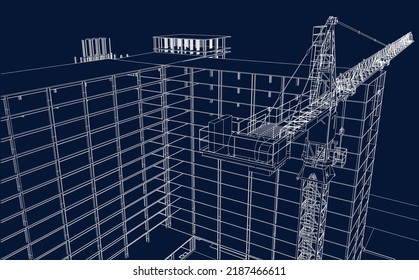 construction site with tower crane architecture 3D illustration line sketch blueprint