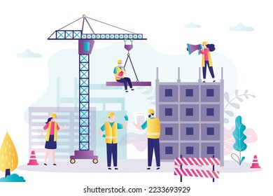 Construcción, grúa de torre construye una casa. Proceso de construcción y construcción. Grupo de trabajadores uniformados e ingenieros en una construcción. Trabajo en equipo. Ilustración vectorial plana