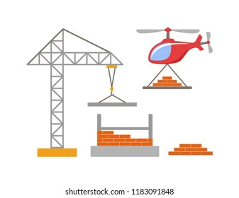 Construction site with a tower crane and a cargo helicopter. Building a house of orange brick. Flat style. Cartoon vector illustration. 