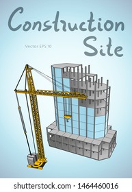 Construction site and tower crane. City. Vector draw