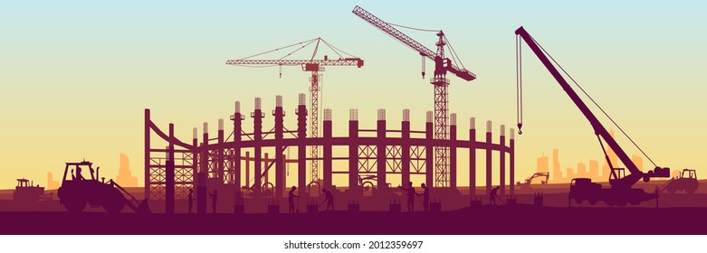 Construction site with a tower crane. Excavators are digging the ground. Stadium construction. Preparing for sports games. Panoramic view of the construction site. Website background. EPS 10