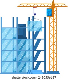 Construction site with tower crane and glass building under construction. Urban development and architecture. Construction project and city growth vector illustration.